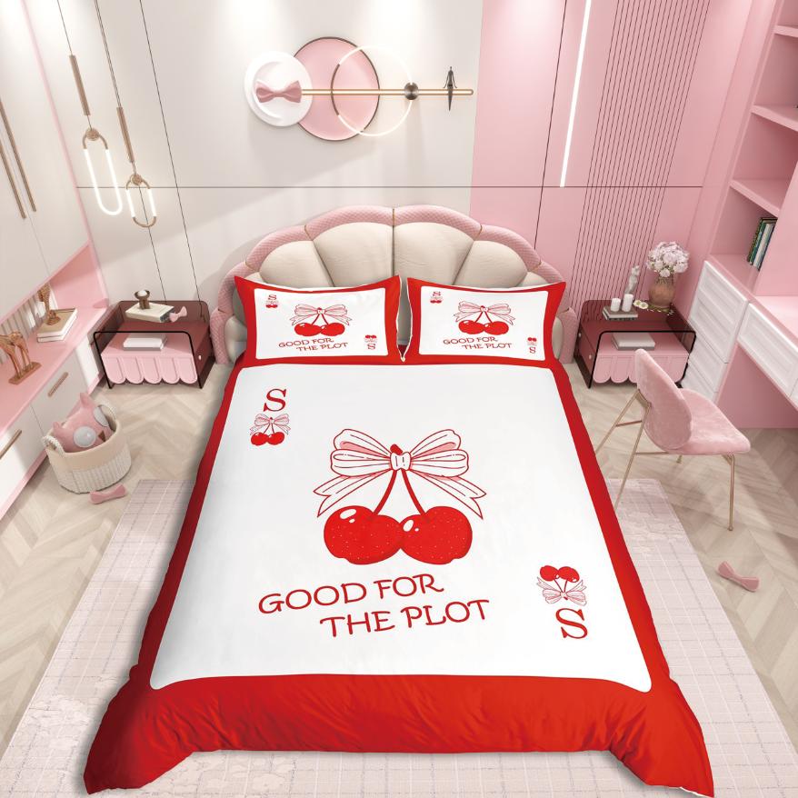 Homewish Kawaii Monogrammed Alphabet Duvet Cover Set Cartoon Ribbon Cherry Bedding Set Dreamy Fairy Tale Reversible Decor