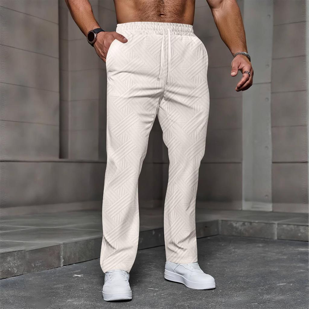 Men's Casual Jacquard Drawstring Loose Fit Solid Color Pocket Sports Pants Comfortable Elastic Waistband Activewear Bottoms