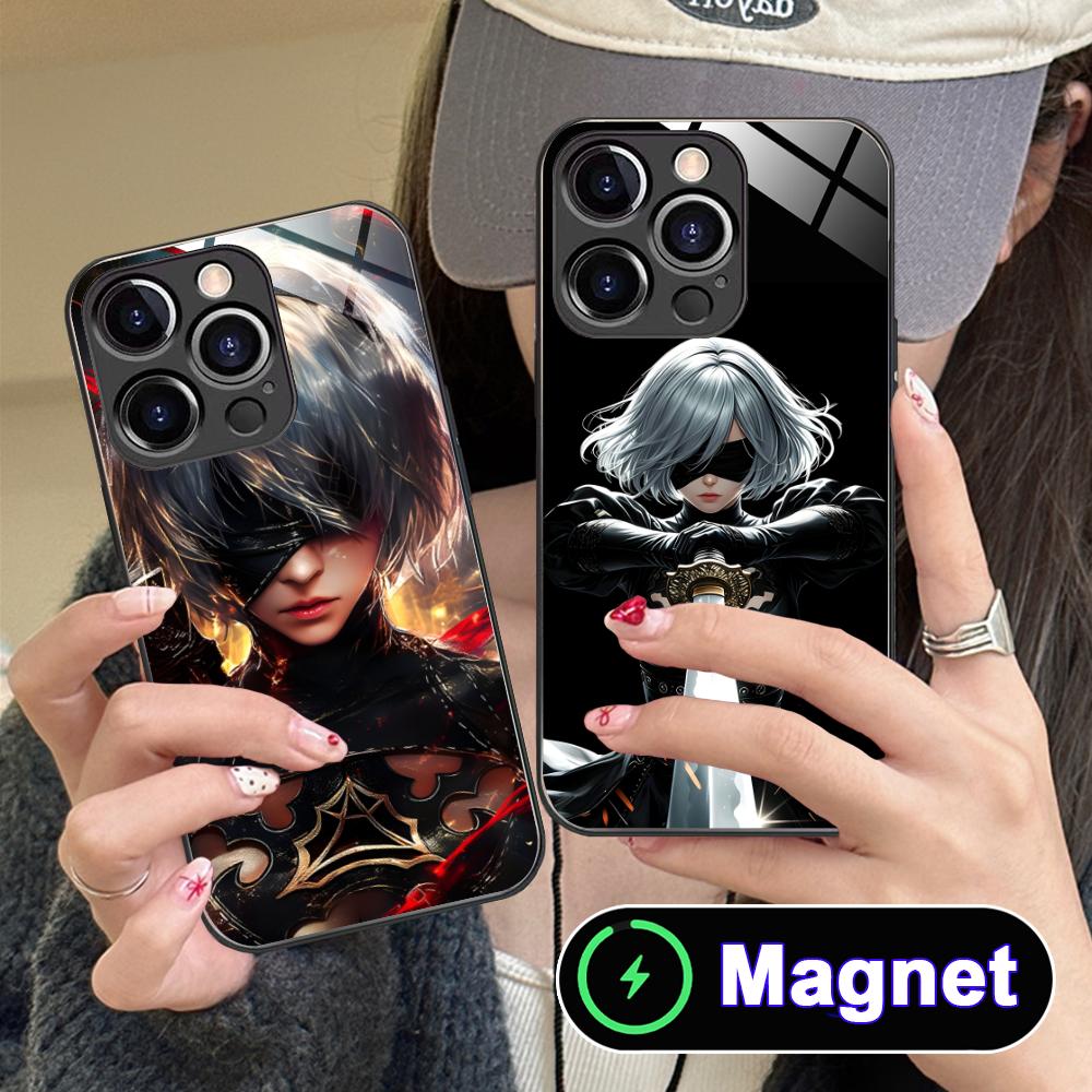Anime Nier 2B Glass MagSafe Mobile Phone Case for iPhone 17 16 15 14 13 12 11 Air Pro Max Plus Mini Colorful Cover
