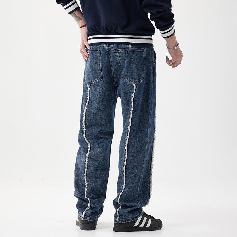 Bajia American heavy-duty rough-edge splicing jeans men's loose straight-washed retro contrasting trousers design sense