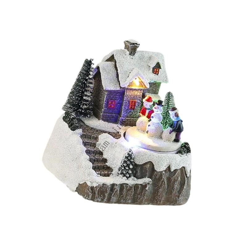 Q1FD Christmas Music Box Snow House Ornament with LED Light Handmade Desk Decoration