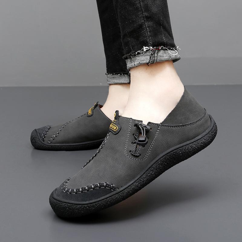 Men Handmade Leather Shoes Black Casual Hiking Shoes Outdoor Grey Walking Driving Shoes Over Sized Brown Slip On