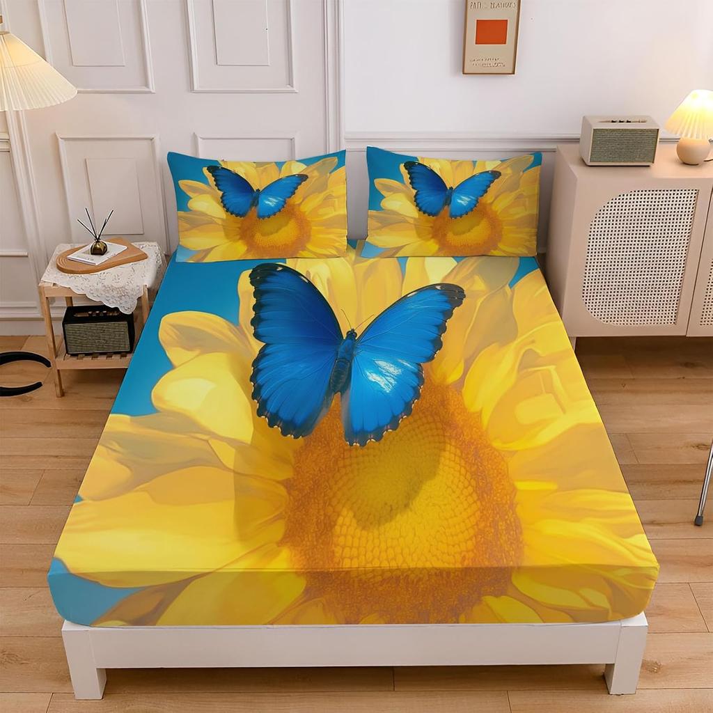 3D Butterfly Single Fitted Sheet Blue Printed Bed Sheets 30 cm Deep Fitted Sheets Soft Microfiber Bedding Set with Pillowcase