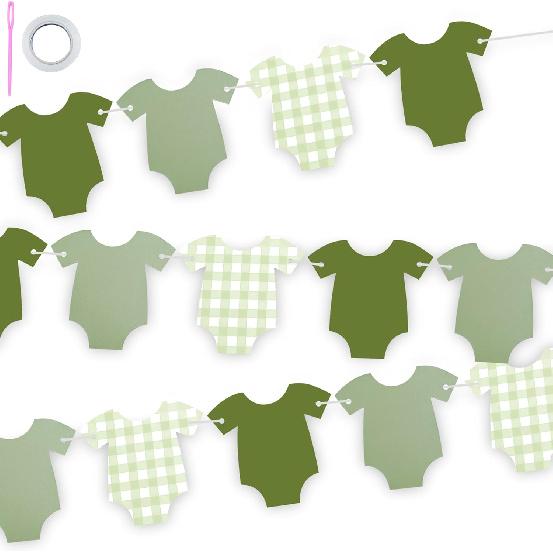 Blue Gingham Baby Shower Banner, Bodysuit Paper Garland with Clothesline, Boy or Girl Banner Baby Shower Decoration