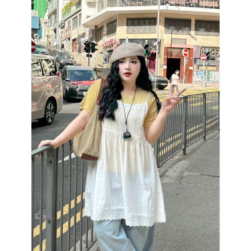 Plus size women clothing [Hong Kong Style Lace Suspender Skirt] Lightweight Slightly Transparent Summer Chubby Girl Sweet Lace Stacked Dress