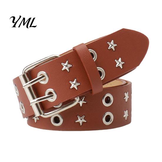 Cool Girl Style Belt 105cm Studded Punk for Women, Faux Leather Grommet Waist Edgy Fashion with Double Prong Buckle, Jean Accessory Music Festival