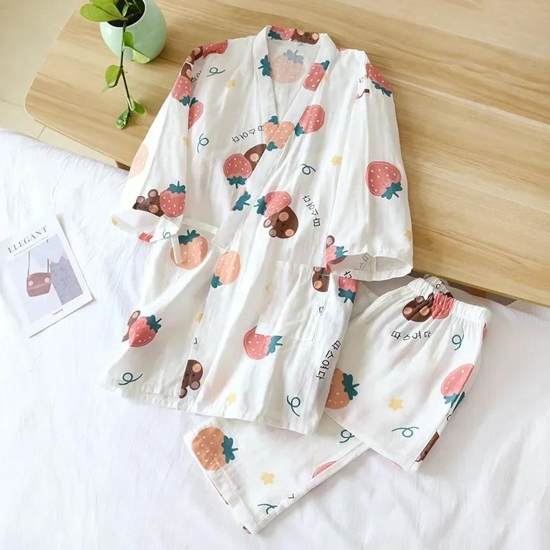 Yedi Kollu Kimono Pijama Seti Kadın İlkbahar ve Sonbahar %100 Pamuk Gazlı Bez Ev Giyim Şirin Tatlı