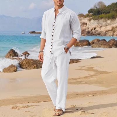 Spring and Autumn Cuban Style Fashion Men's Shirt Trend Casual Multi-button Stand Collar Loose Long Sleeve Pants Beach Suit
