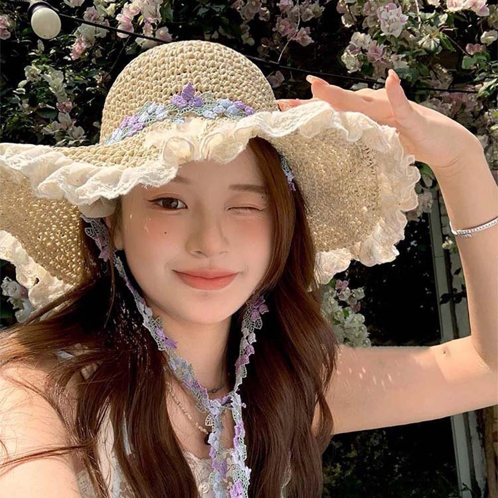 Breathable Big Brimmed Straw Hat Lightweight Woven Sun Cap Elegant Vacation Beach Cap  Carnival