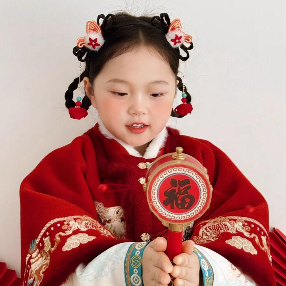 Braid Hair Children Wig Headband Flower Red Bow Hairband Cute Chinese New Year Headwear Girls