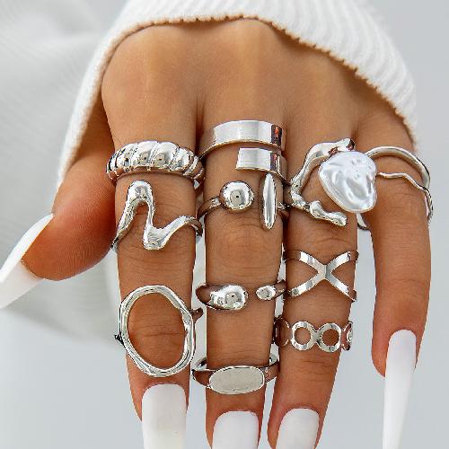 Design Geometric Baroque Pearl Ring Alloy Flower Dripping Branch Ring Set