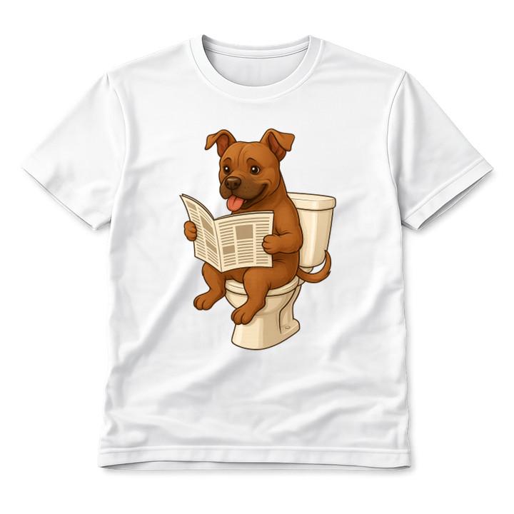 Pit Bull on Toilet Cartoon Illustration Graphic T-Shirt Bathroom Dog Funny Tee L