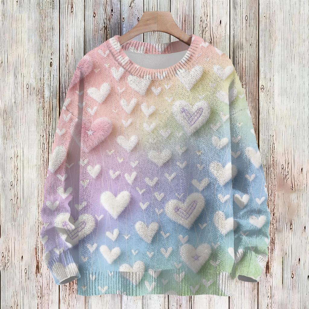Women's Fashion Casual Long,Sleeve Valentine's Day Round,Neck Knit Pullover Top