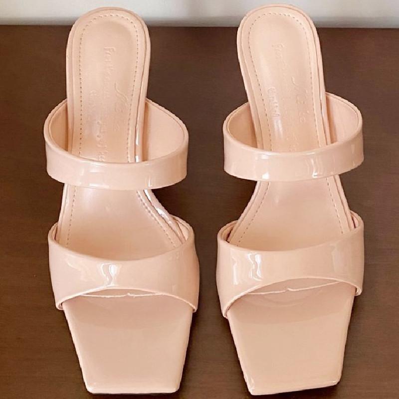 Fashion Square Toe Patent Leather Women Sandals Summer Open Toe Thin Heel Slide Sandals Elegant Simple High Heel Shoes for Woman