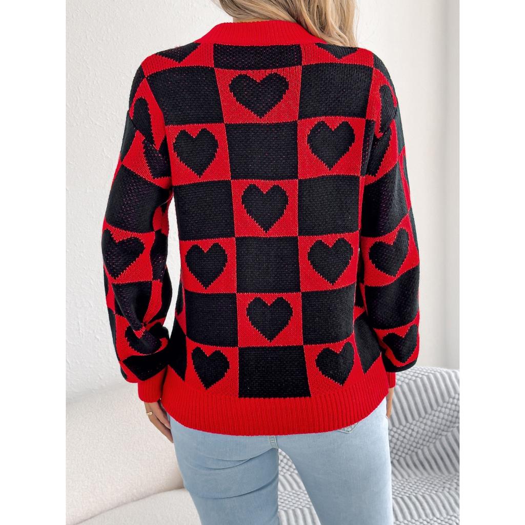 QICED Autumn and Winter Color-blocking Checkered Heart-shaped Lantern Sleeve Pullover Sweater for Valentine's Day Women's Wear