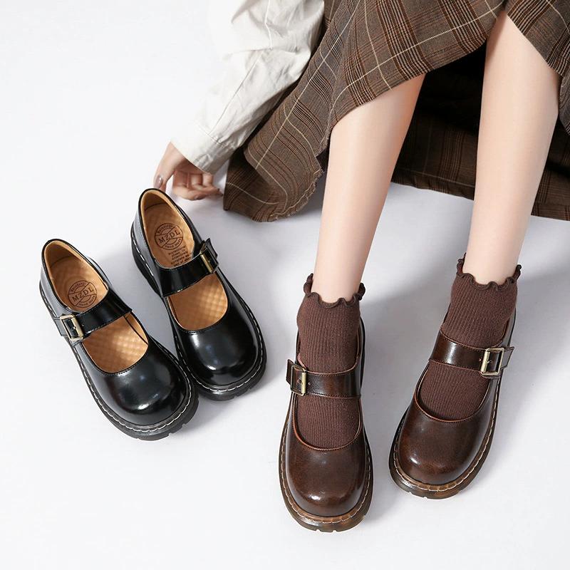 New Arrival styl japoński Vintage klamra buty Mary Janes damskie płytkie usta dorywczo studenckie skórzane buty grube dno