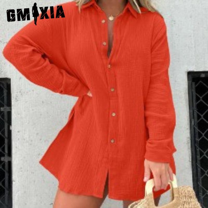 

GMXIA Женская рубашка из мятой ткани с длинным рукавом и шортами с высокой талией, модный повседневный комплект из двух предметов XXXXL оранжевый