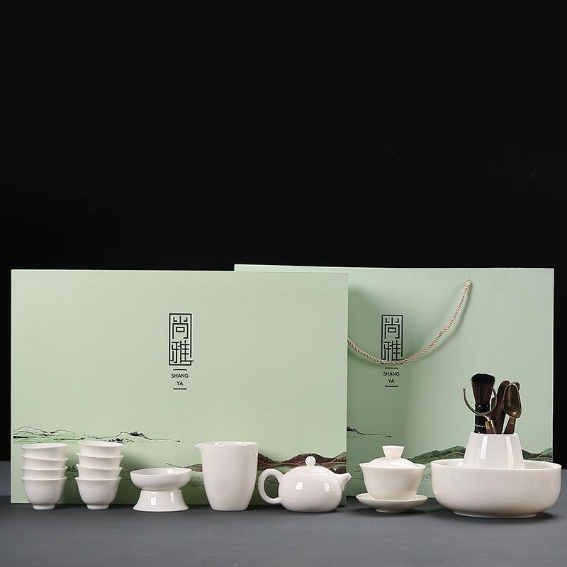 Suet Jade Kung Fu Tea Set Home Living Room Office Light Luxury Tea High-end Gift Box Cover Bowl Teacup Complete Set