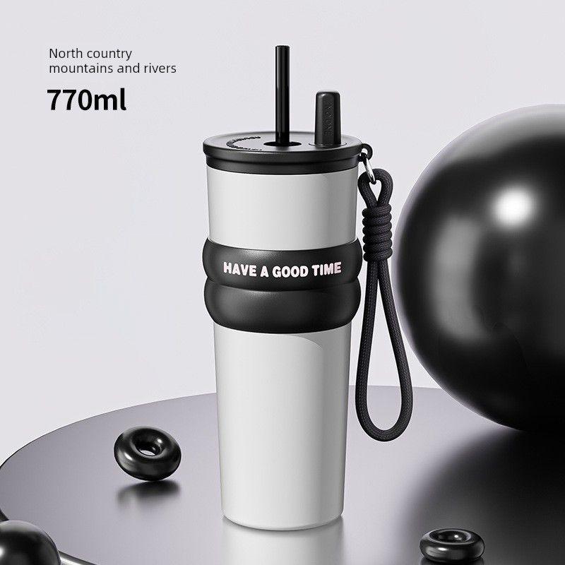 Large-Capacity Thermos Cup for Girls, New Office Water Cup, Giant Student Cup with Handle and Straw, High Aesthetic Value