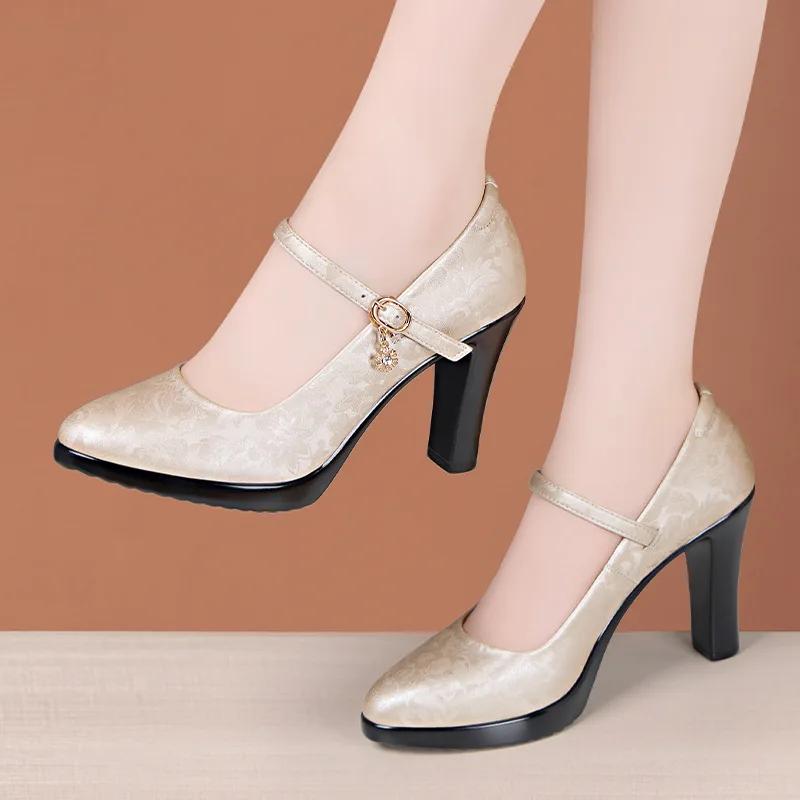 

10cm Small Size 32-43 Shallow Embroider Leather Shoes Platform Pumps Fall 2025 Block High Heels Shoes for Office Model Mom 32