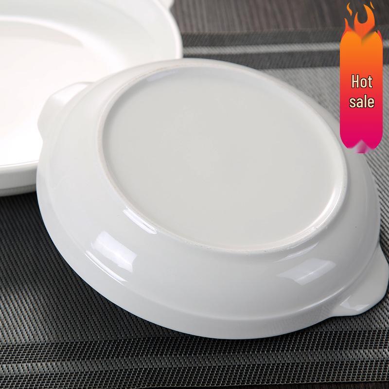 Western Style Double-Ear Pure White Ceramic Plates - Abalone & Steamed Fish Safe, Home & Microwave Oven Friendly