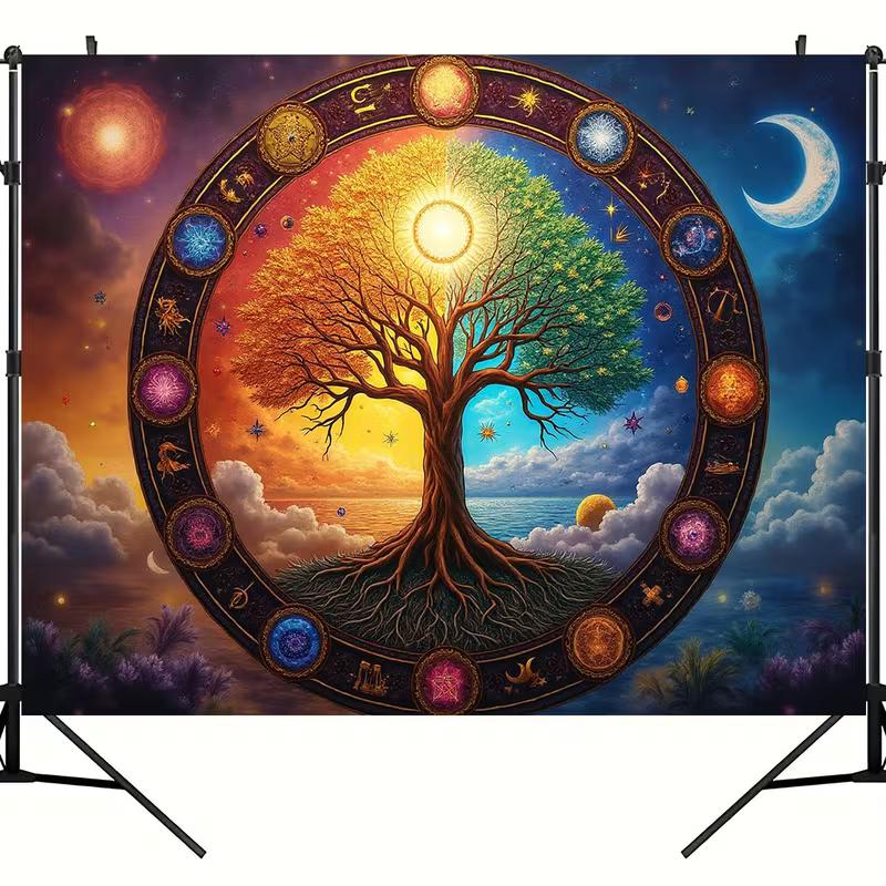 2D Astrology Tree Backdrop, Celestial Wheel Background for Mystical & Wiccan Events