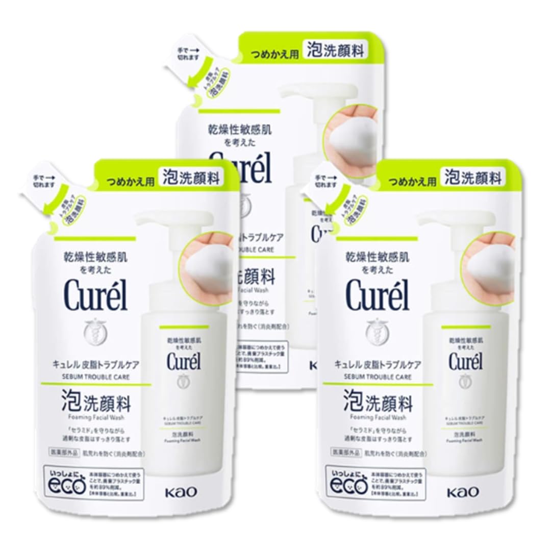 Set 3 Curel Sebum Trouble Care Foaming Cleanser Refill 130ml Original Cleaning Sponge Included