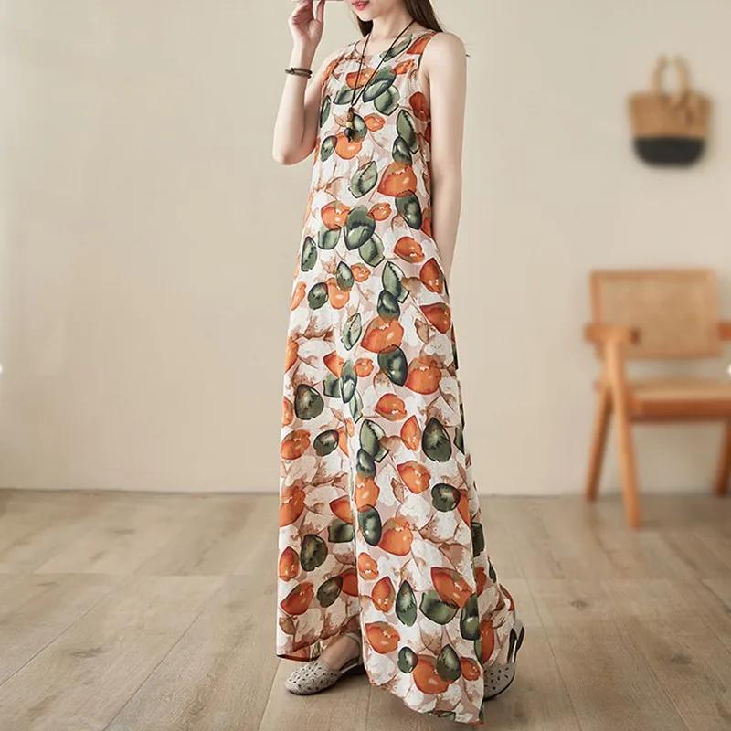 Sleeveless Cotton Vintage Floral New Dresses for Women Casual Loose Long Summer