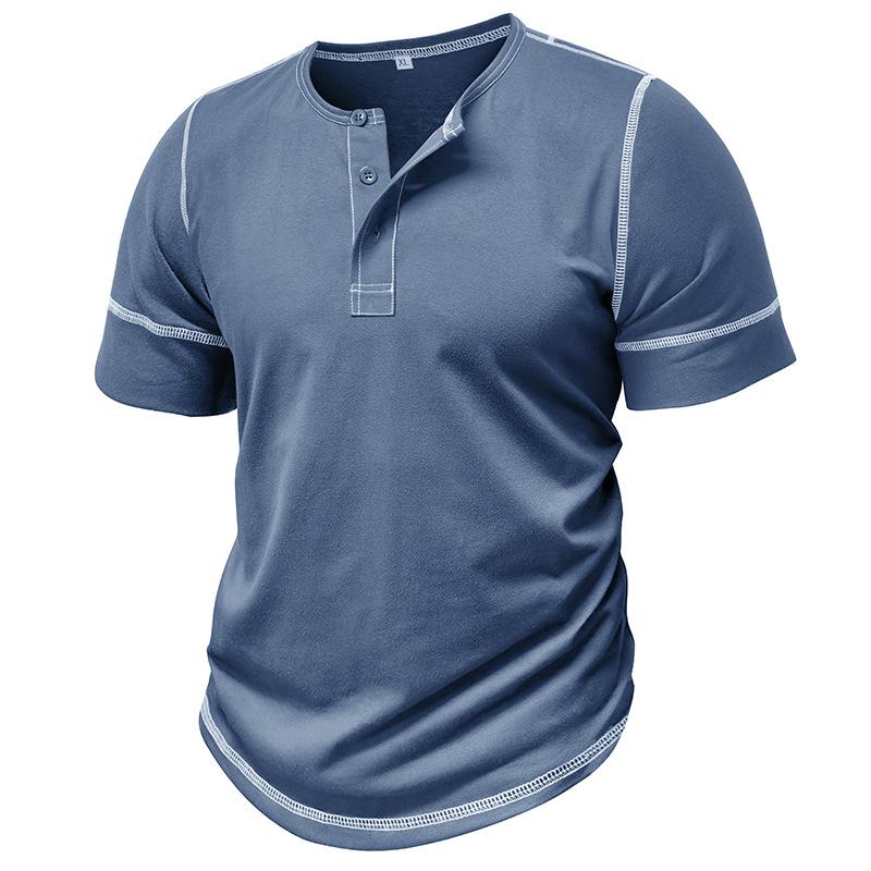 Europeisk och amerikansk stil herr sommar Henry-skjorta kortärmad färgblockerad t-shirt med knappar rund hals topp