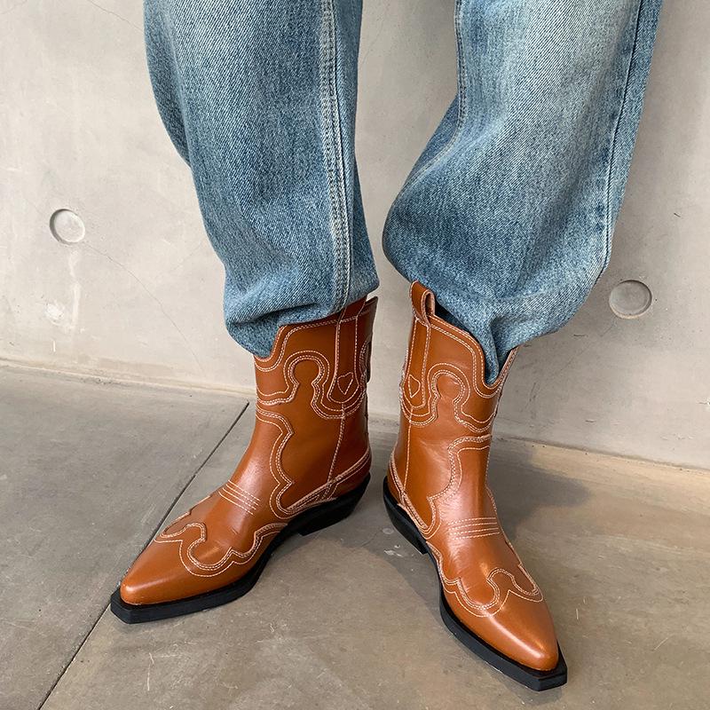 French Black & White V-Neck Embroidered Cowboy Boots, Mi Jie Style, Medium-High Tube, European & American Women's Short Boots