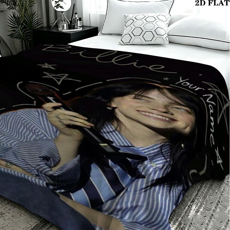1PC Billie Eilish Custom Name Patterned Flannel Blanket Suitable For All Seasons for Home Decor Warmth and Comfort Gifts Holiday Present