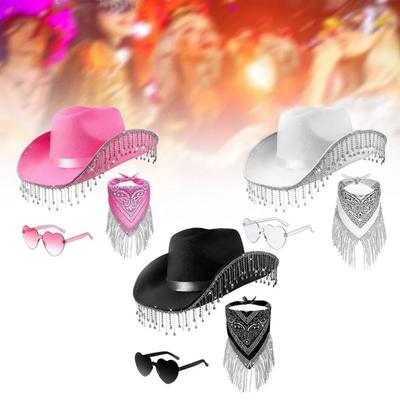 3pcs/Set Bandana Stage Performance Hat Rhinestone Tassel Heart Sunglasses Western Cowboy Hat Solid Color 3pcs/Set