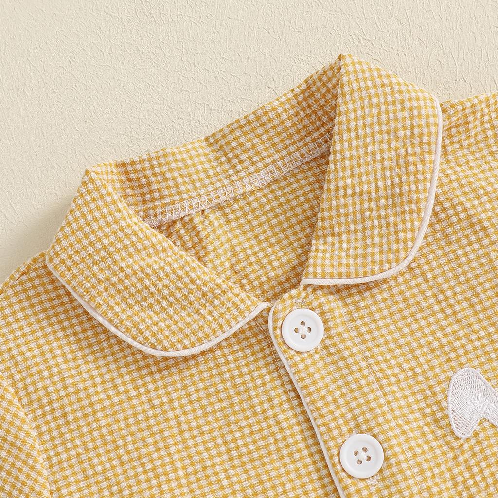 Pijamale de Paște pentru fetițe, cu broderie în carouri, cu volane, tricou cu nasturi, cu pantaloni scurți elastici pentru haine de găzduire, haine de noapte