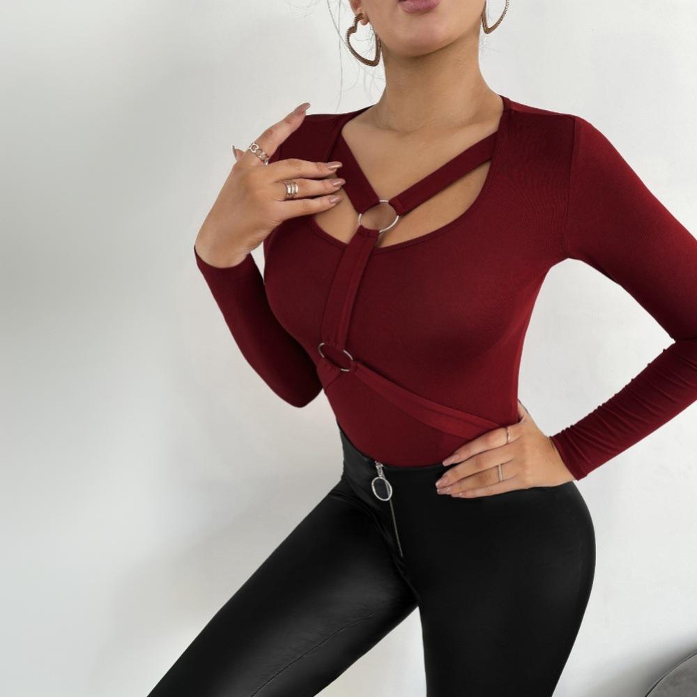 Elegant Women's Jujube Red Long-Sleeve T-shirt - Autumn/Winter 2024 Fashion