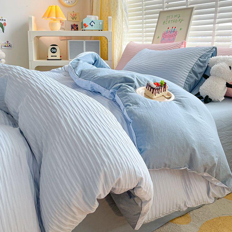 Seersucker Bedding Sets Solid Color Washed Cotton Microfiber Duvet Cover Flat Sheet Pillowcases Soft Bed Linen For Girls