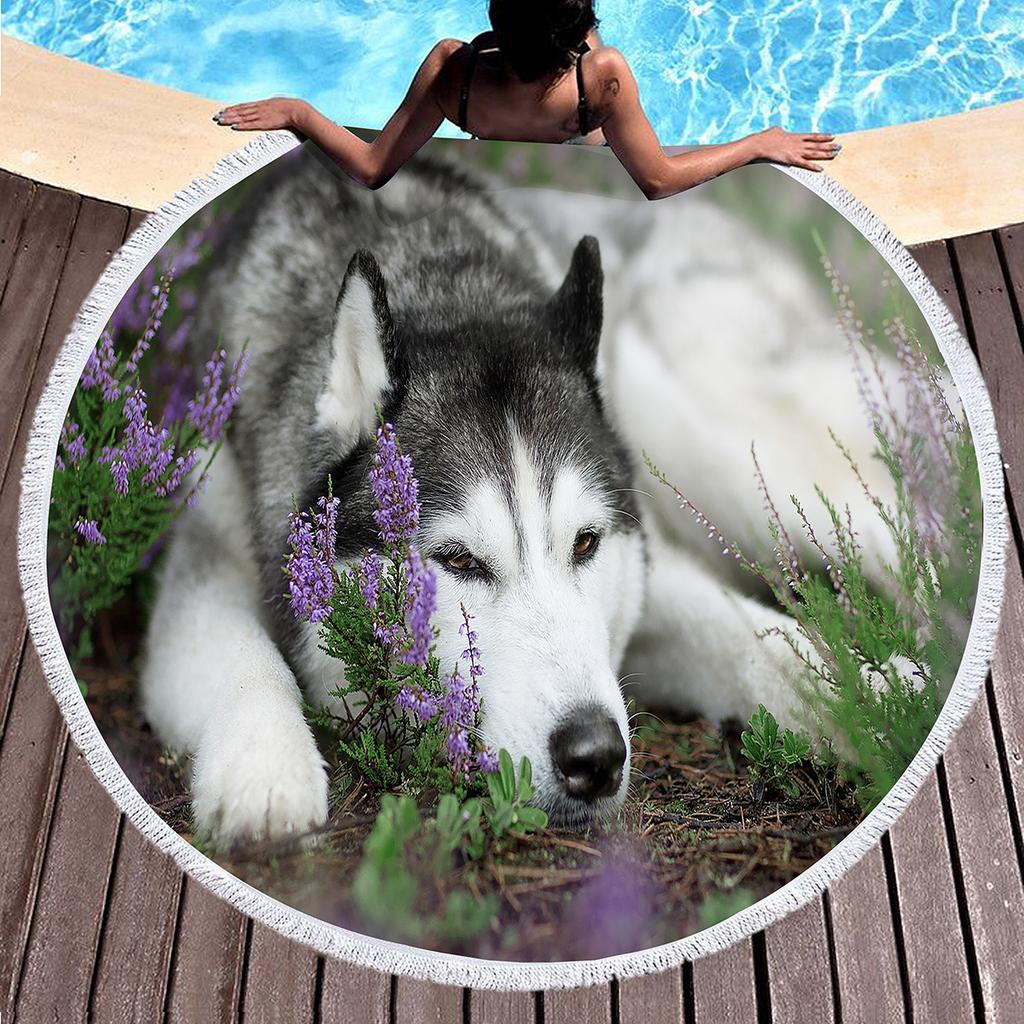 Cute Husky Pet Dog Round Beach Beach Towel, Soft Absorbent Quick Dry Circle Swim Towel with Tassels Roundie Yoga Mat Picnic Rug