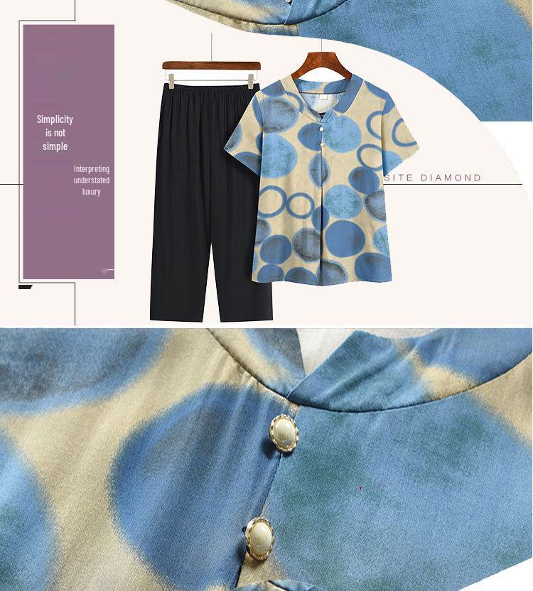 Summer Print Two-Piece Set for Middle-Aged and Elderly Women: Short-Sleeved Top and Grandma Style Outfit