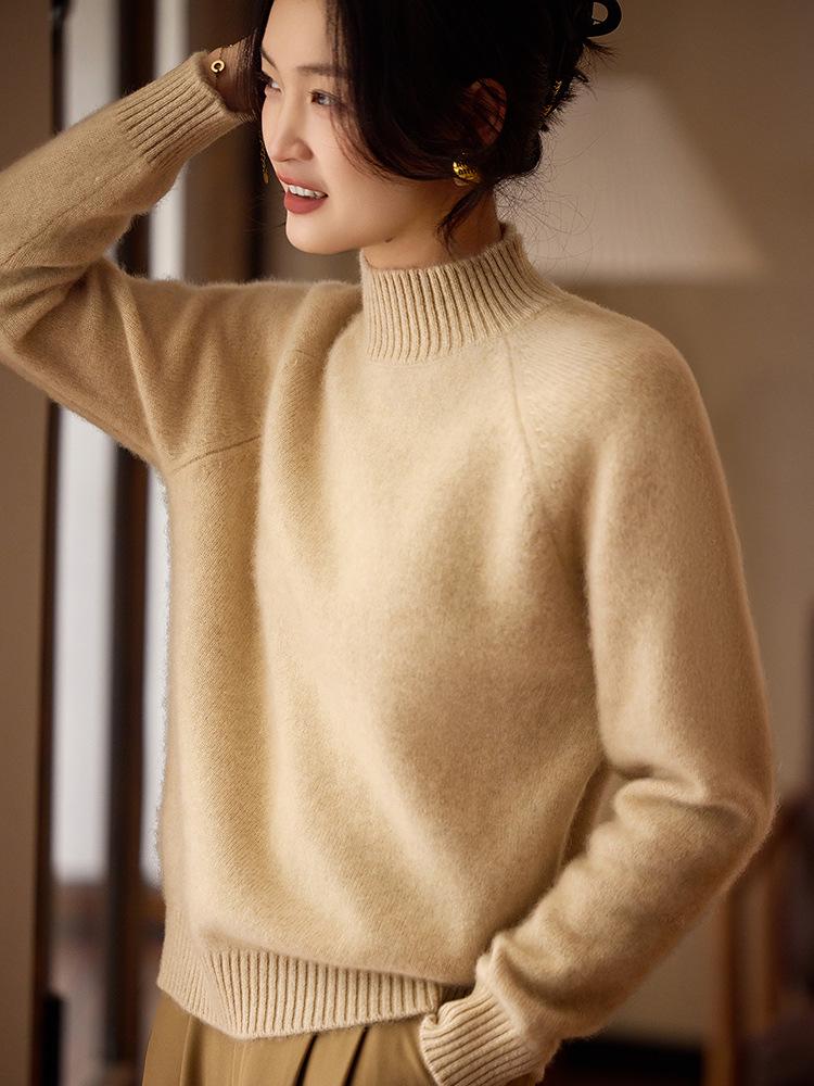 Women's Pure Wool Half-High Collar Sweater - Autumn/Winter 2025, Casual Loose Fit, Thickened Base Layer