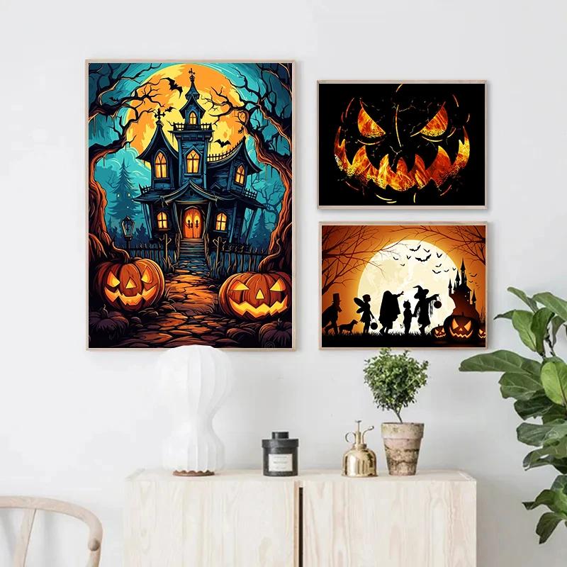 A Classic Vintage Wall Art Pumpkin Black Cat Ghost Painter Halloween Night, Printed Poster, Home Living Room Bedroom Decoration