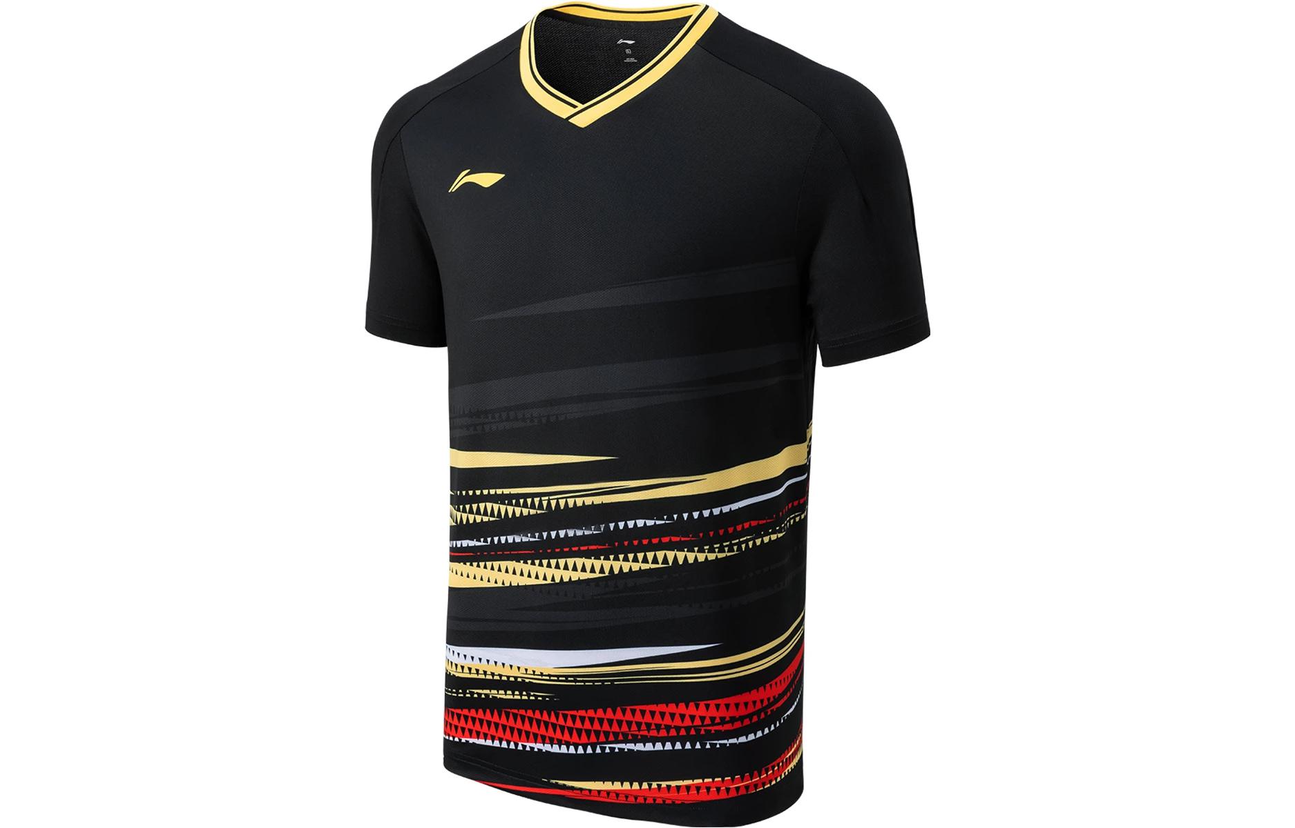 Li Ning Badminton Collection T Shirts Unisex Black V Neck Moderate Straight Fit AAYT577-4 M