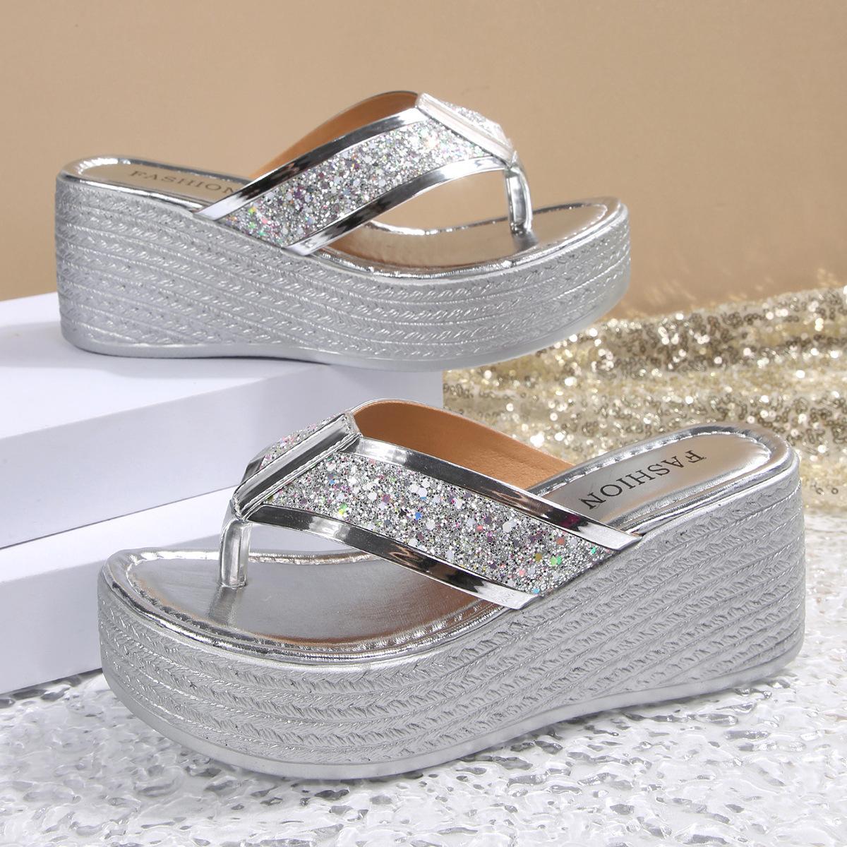 35-43 Plus Size Shoes for Women 2026 Summer Fashion Platform Wedge Comfortable Round Toe Sequin Sandals Women Slippers 43 серебряный 2600₽