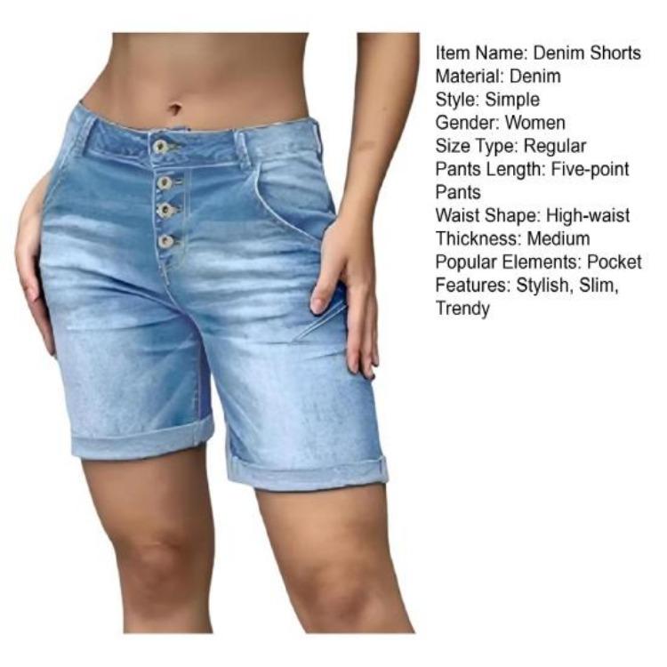 High Waisted Women Denim Shorts Slimming Bermuda Jean Shorts with Pockets Stretch Rolled Cuff