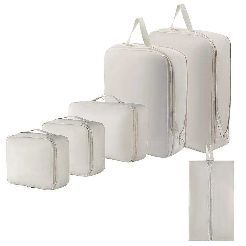 

Set/6 Pcs Compressible Packing Travel Storage Bag Cubes Waterproof Suitcase Perfect Portable with Handbag Luggage Organizer Bags бежевий