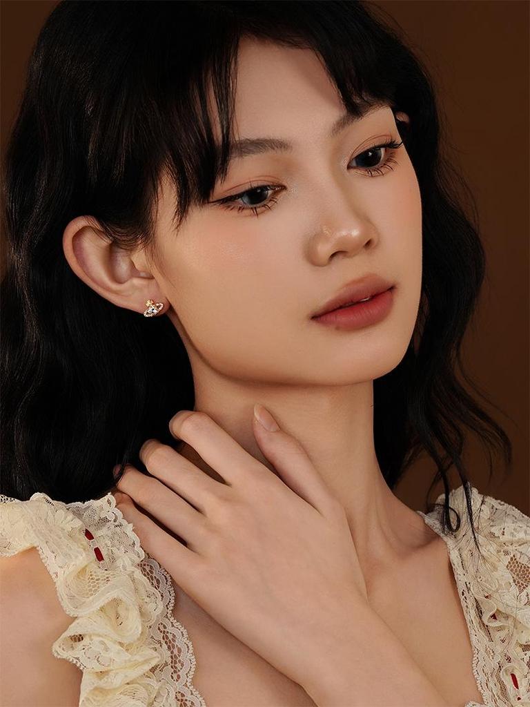 Ohrstecker Saturn aus S925 Sterlingsilber im koreanischen Stil für Damen - Mit Diamanten besetzt, super glänzend, kleines leicht luxuriöses Zirkon-Design