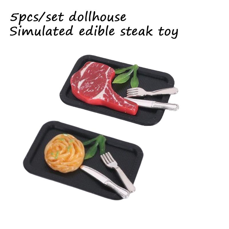 5 Pezzi Bistecca Simulato Piatto per Pasta Coltello e Forchetta Kit Modello Casa delle Bambole Cucina Decorazione Cibo Giocattolo Accessori DIY