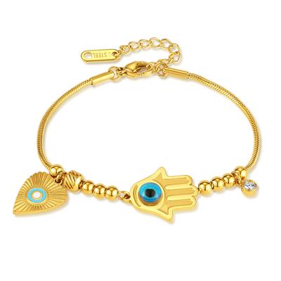 Stylish And Luxurious Stainless Steel Gold -Plated Palm Blue Devil 'S Eye Bracelet 