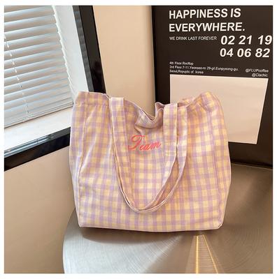 Spring and Summer Cute Plaid Shoulder Bag, New Letter Cloth Bag, Large-capacity Student Class Tote Bag