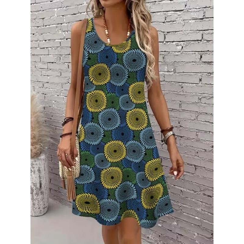 Women's Vintage Pattern Printed Sleeveless Round Neck Dress Loose Soft and Comfortable Plus Size Dress