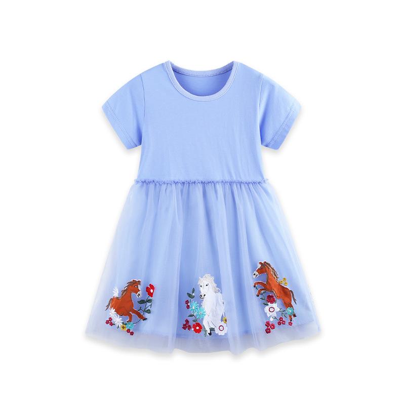 

Girls Short-Sleeved Tulle Skirt Knitted Cotton Round-Neck Dress for Younger Children 7Y(125cm)