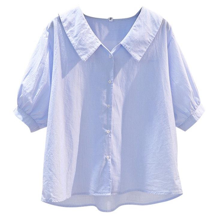 Small Fresh Blue Striped Doll Collar Shirt Women's Loose and Thin Cotton Shirt 1116 Summer Fashion Medium-sleeved Top